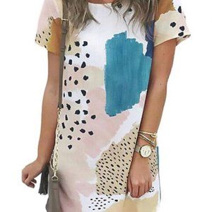 Light Blue Leopard Splicing Color Block Mini Dress Tee Shirt Dress sz XL NWT!